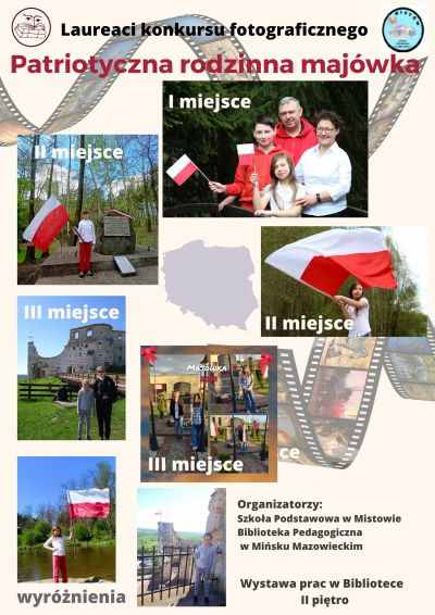 zdjęcia osób z informacją które miejsca zajęły w konkursie fotograficznym Patriotyczna rodzinna majówka, po środku zarys...