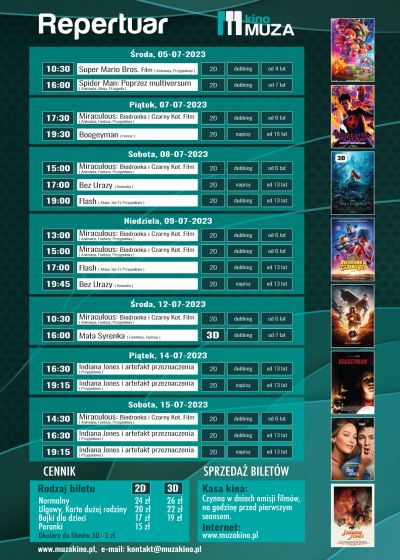 na górze napis repertuar kino Muza, poniżej harmonogram wyświetlania filmów, po lewej stronie plakaty filmowe, treść...