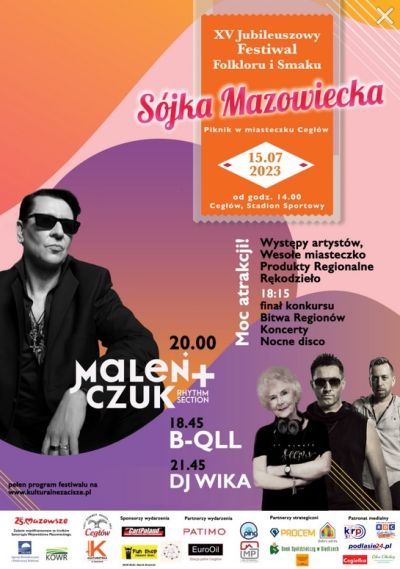 plakat z napisem głównym XV Festiwal Folkloru i Smaku Sójka Mazowiecka, na pomaroańczowo-fioletowym tle zdjęcia...
