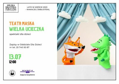 po prawej stronie zdjęcie teatrzyku z pacynkami zielonego smoka oraz pomarańczowego lisa w tle kurtyna oraz chmury, w...