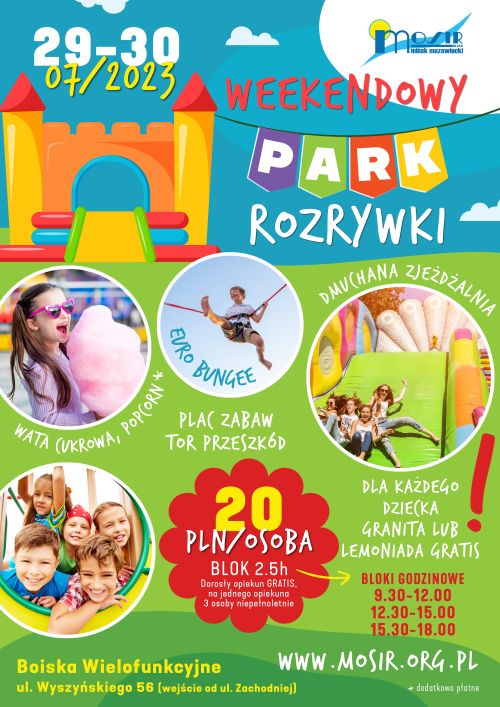na górze rysuunek dmuchanego zamku poniżej w kółkach zdjęcia dzieci, informacje zawarte na plakacie znajdują się w treści...