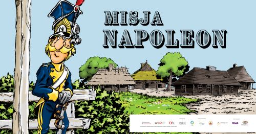 rysunek przedstawiony w formie komiksu, po lewej stronie obok pala drewnianego stoi napoleon, w tle stare domy z drewna i...