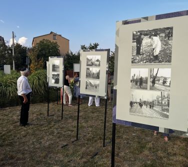 mężczyzna stoi przed tablicą czyta informacje, w tle wysokie trawy i domy