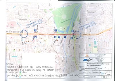 fragment mapy miasta z zaznaczonym odcinkiem drogi do remontu, część II