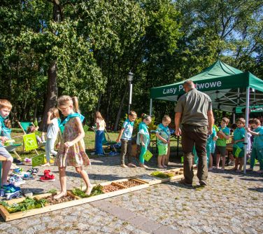 dzieci przedszkolne na dziedzińcu po namiotem Lasów Państwowych przechadzają się na boso po liściach, szyszkach, orzechach,...