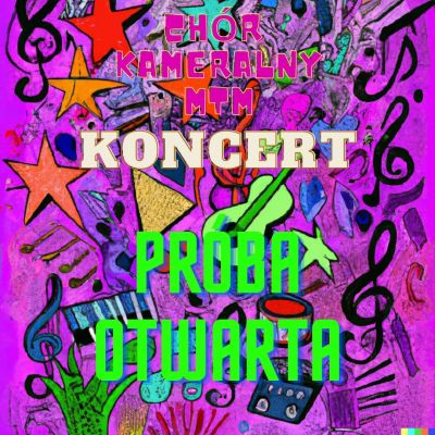 kolorowe instrumenty, czarne klucze wiolinowe, kolorowe gwiazdy tytuł chór kameralny mtm kooncert próba otwarta