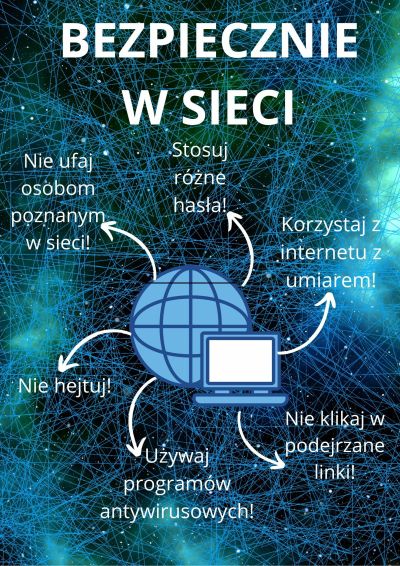 tytuł bezpiecznie w sieci, na środku rysunek komputera i globu naokoło hasła: nie ufaj osobom poznanym w sieci, stosuj...