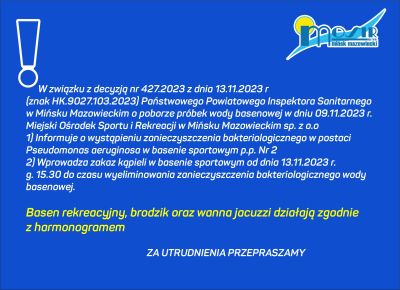 informacja dotycząca wprowadzenia zakazu kapieli w basenie sportowym, informacje zawarte na plakacie znajdują się w treści...