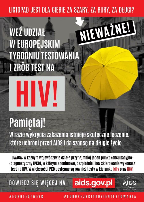 czarno białe zdjęcie po prawej osoba tyłem, niesie oparty na ramieniu żółty parasol. Tytyuł główny: Listopad jest dla...