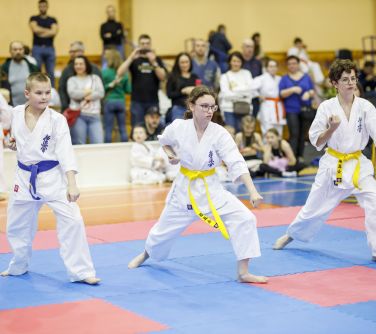 Hala sportowa. Na macie dwóch chłopców i jedna dziewczyna pokazują jedną z technik w karate.