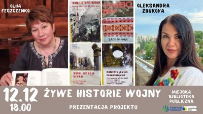 Po dwóch stronach zdjęcia kobiet, po środku zdjęcia okładek książęk ukraińskich