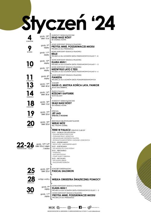 plakat ze styczniowym harmonogramem wydarzeń w MDK, na górze napis Styczeń'24, na dole logotypy