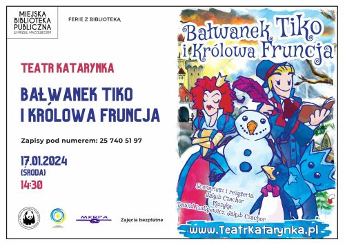 Po prawej stronie rysunek bałwanka otoczonego niezadowoloną królową, pingwina, skrzata