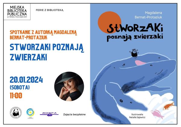 Po prawej niebieska okładka książki, a na niej wieloryb. Po lewej informacje zawarte w treści artykułu
