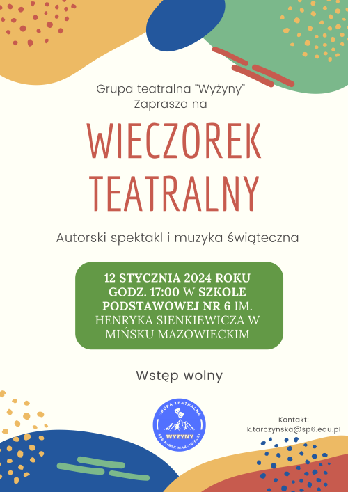 Kolorowe plamy na górze i dole. W poszczególnych kolorowe kropeczki i po trzy paski. Plamy otaczają zawarty tekst wpisany...