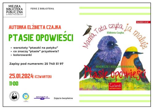 Po prawej okładka książki. Na jasnym tle dwa ptaszki. Tytuł: ptasie opowieści. Mama, Tata czyta, ja maluję. Po lewej...