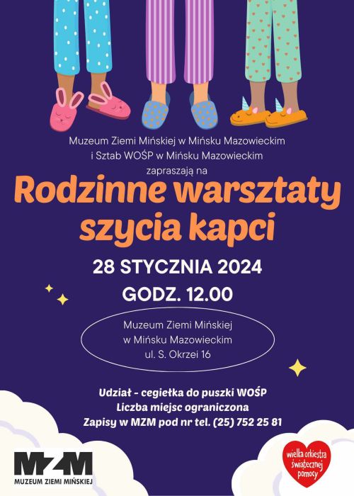 Granatowe tło. Na górze trzy pary nóg w kapciach. Na dole w obydwu rogach białe chmurki. W lewej napis Muzeum Ziemi...