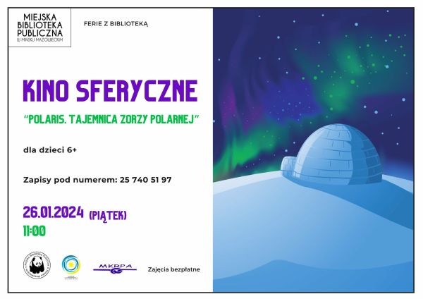 Po prawej stronie rysunek iglo na śniegu na tle zorzy polarnej. Po lewej informacje dotyczące wydarzenia zawarte w artykule