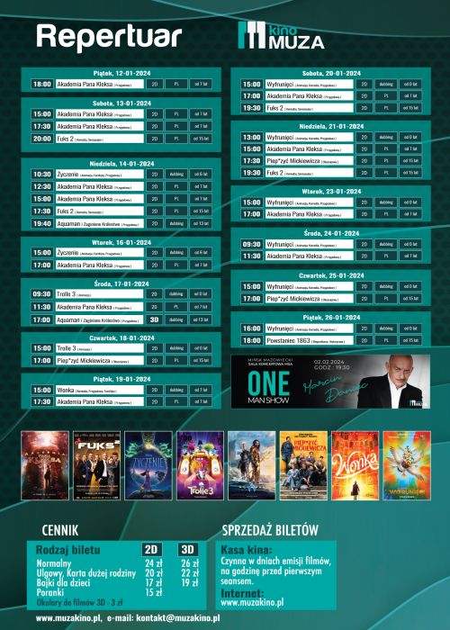 Ciemnozielone tło. Harmonogram filmów i wydarzeń. Na górze napis repertuar kina Muza, zdjęcia plakatów filmowych na dole