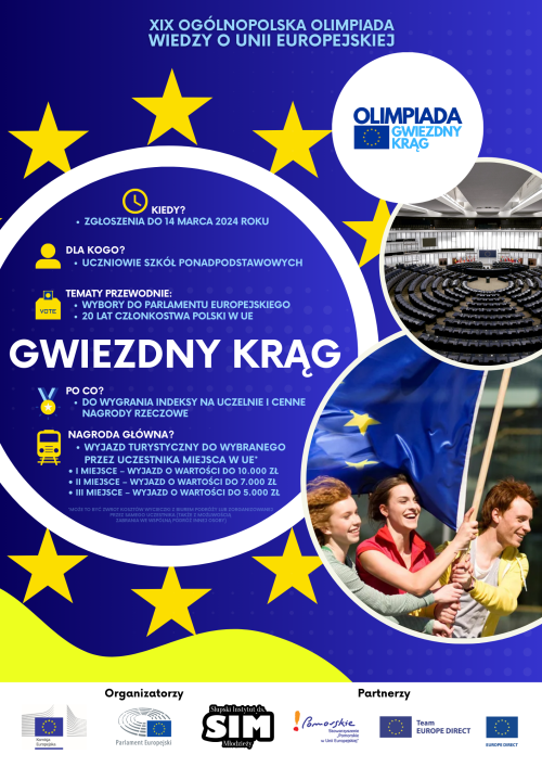 Na nebieskim tle w kołach zdjęcie trójki usmiechniętych osób trzymających flagę Unii Europejskiej, zdjęcie parlamentu...