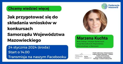 Na białym tle informacje. Z prawej w kole zdjęcie twarzy kobiety. Logo Federacji Mazowia.
