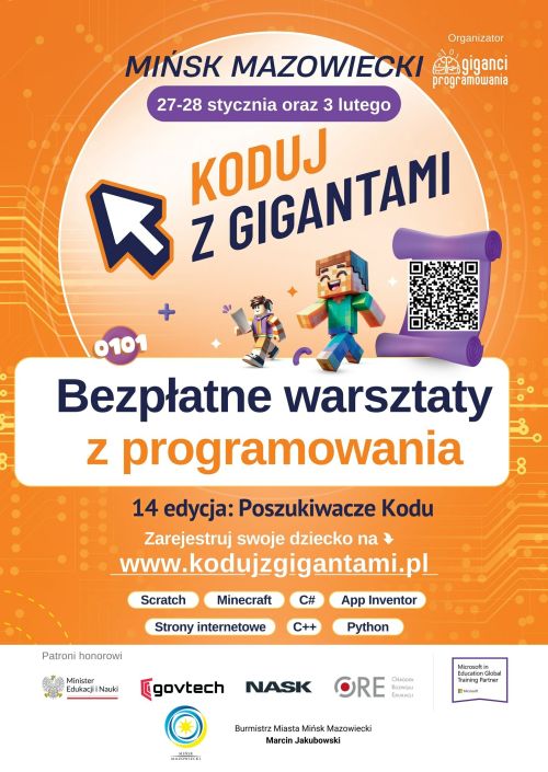 Na pomarańczowym tle w kole figurki z Minecraft. Hasło główne koduj z gigantami, bezpłatne warsztaty z programowania