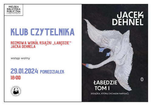 Po prawej na czarnym tle biały łabędź. Po lewej informacje