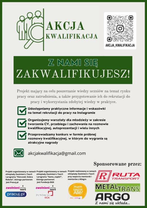 Na szarym tle informacje. Na górze kod QR tytuł Akcja kwalifikacja, na dole loga