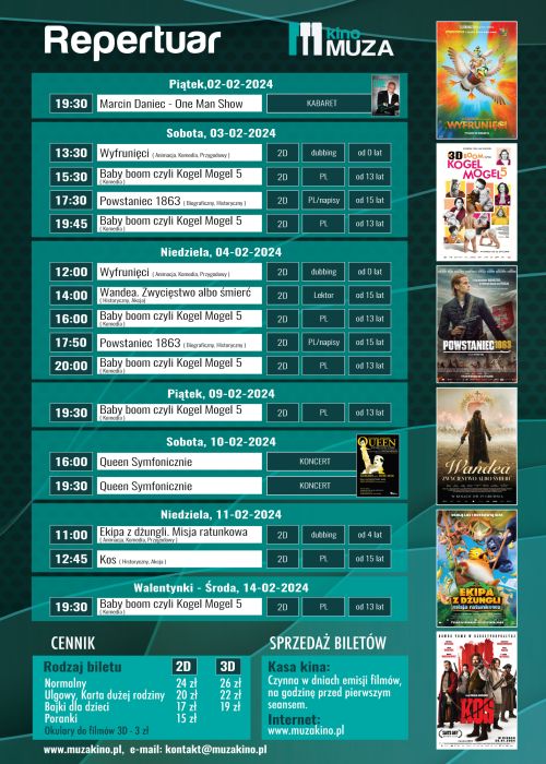 Na ciemno-zielonym tle harmonogram filmów i wydarzeń. Na górze napis repertuar kina Muza, zdjęcia plakatów po prawej
