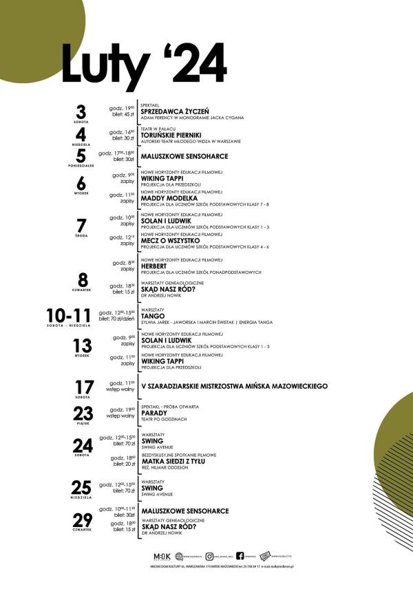 lutowy harmonogram wydarzeń w MDK, na górze napis Luty'24, na dole logotypy