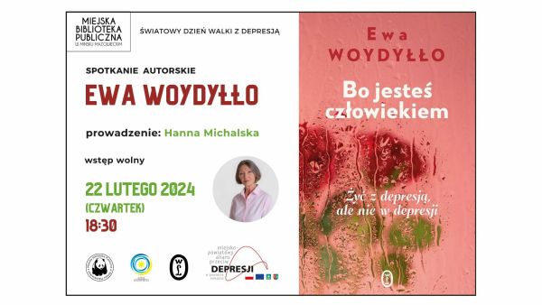 Po prawej okładka książki zarys róż, tytuł Bo jesteś człowiekiem. Po lewej informacje oraz w małym kole zdjęcie kobiety