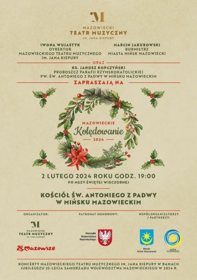 Na beżowym tle. Wieniec bożonarodzeniowy i logotypy województwa mazowieckiego, miasta i teatru