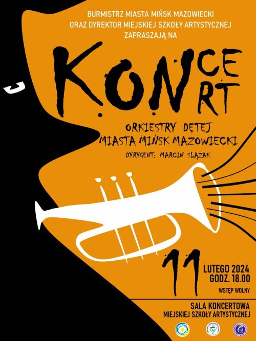 Na pomarańczowo-czarnym tle po środku rysunek trąbki. Wokół informacje dotyczące koncertu