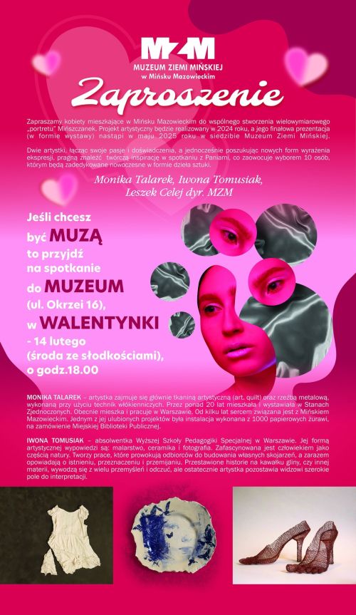 Twarz kobiety. Nad twarzą dwa różowe kółka z oczami. Na dole zdjęcia porcelany, butów z drutu. Plakat różowo-czerwony w tle...
