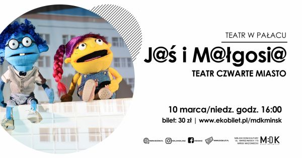 Po lewej w kole dwie kukiełki, po prawej informacje