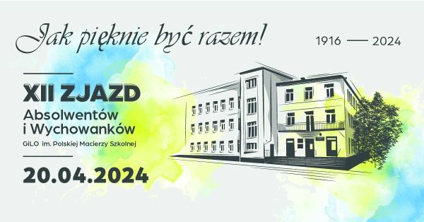 Rysunek szkoły i po prawej stronie drzew. Nakrapiane kolory zółto, niebiesko, zielone. Tytuł główny: "Jak pięknie być razem!"