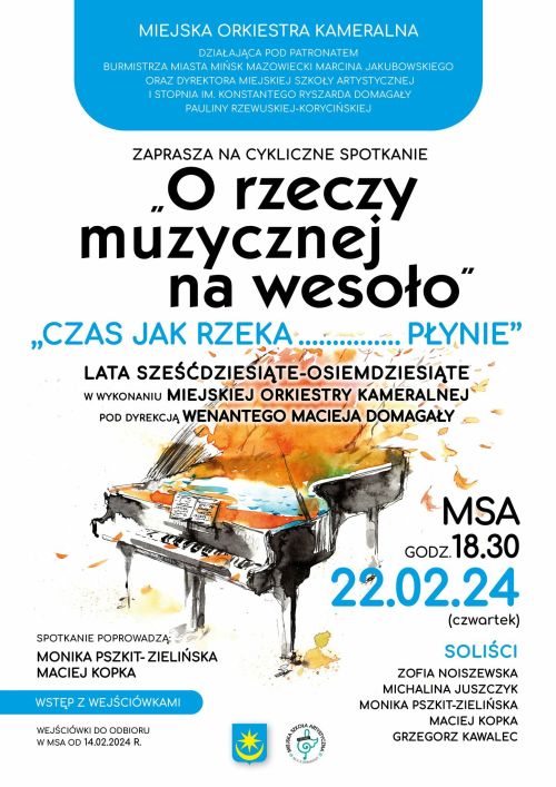 Na białym tle pośrodku namalowany szary fortepian z którego wylatują jesienne liście. Naokoło informacje