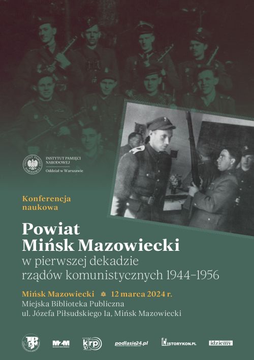 Po prawej na środku szare zdjęcie żołnierzy z karabinami. Poniżej informacje na ciemno-zielonym tle