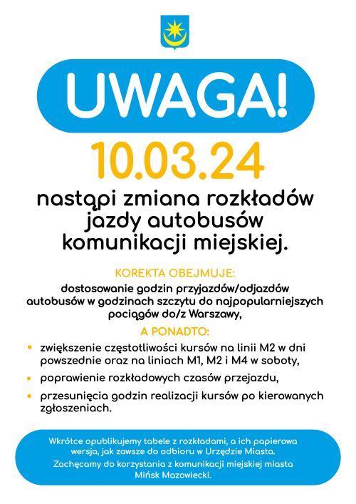 Od góry herb Mińska Mazowieckiego. Dużymi literami napis Uwaga, informacje zawarte zostały w treści artykułu.