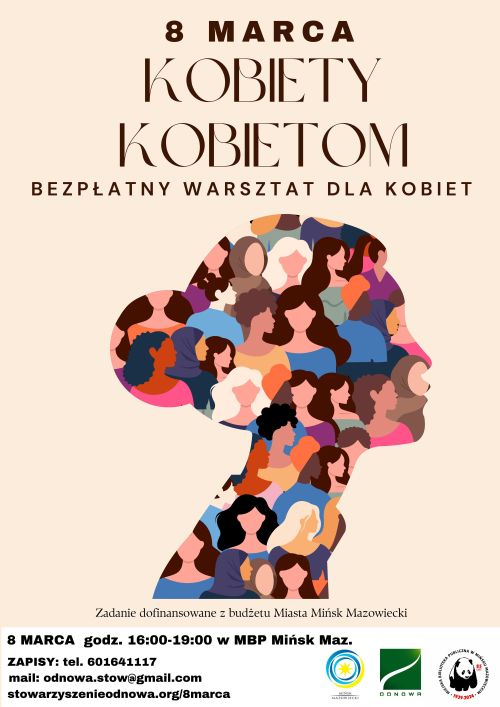Na kremowym tle po środku głowa kobiety z profilu. W środku rysunki profili kobiet.