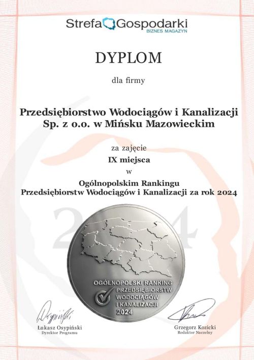 Na białym tle z mazajami kremowymi Dyplom Strefy Gospodarki. Na dole medal z mapą Polski i tytułem głównym Ogólnopolski...