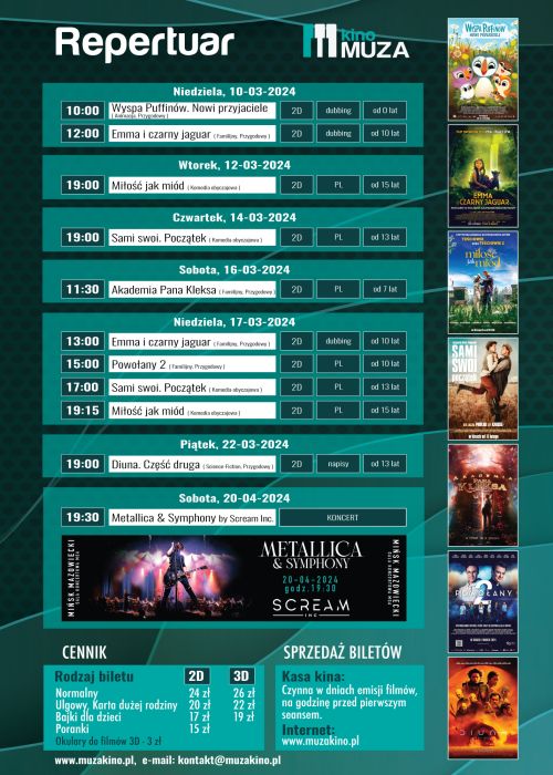 Na zielonym tle harmonogram filmów i wydarzeń. Na górze napis repertuar kina Muza, zdjęcia plakatów filmowych po prawej
