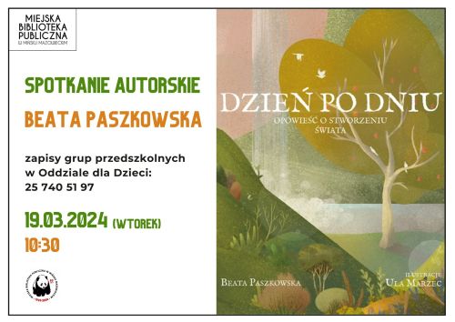 Po prawej okładka książki pt. "Dzień po dniu. Opowieść o stworzeniu świata". Rysunek lekko zielonego drzewa i pagórków. Po...