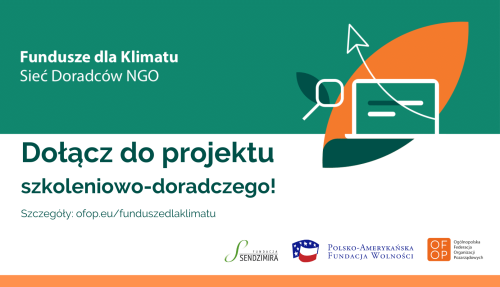 Biało-zielone tło. tytuł Fundusze dla Klimatu. Sieć doradców NGO. Dołącz do projektu szkoleniowo-doradczego