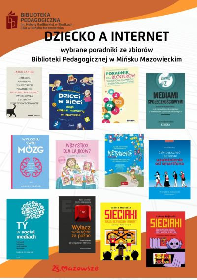 Na biało-pomarańczowym tle zdjęcie dwunastu okładek książek