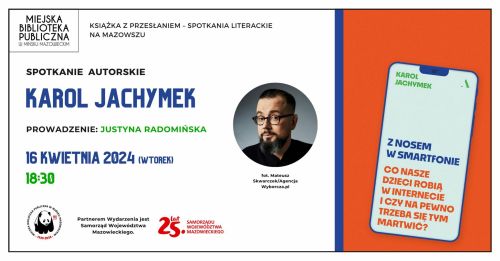Po prawej na pomarańczowym tle rysunek telefonu komórkowego. Po lewej informacje i w małym kole zdjęcie mężczyzny z okularach