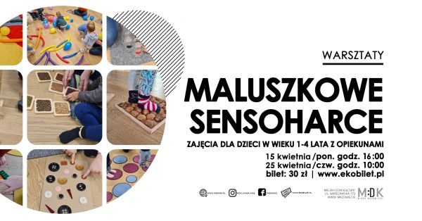 Po lewej w kole podzielonym na kwadraty zdjęcie różnych aktywności sesnorycznych. Po prawej informacje