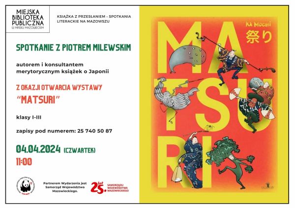 Po prawej na żółto-pomarańczowym tle różne stworki i duży, żółty napis Matsuri. Po lewej informacje