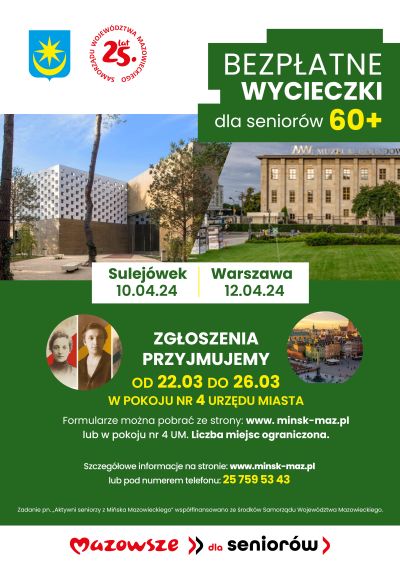 Zdjęcia muzeum w Sulejówku i Muzeum Narodowego, powyżej napis bezpłatne wycieczki dla seniorów 60+