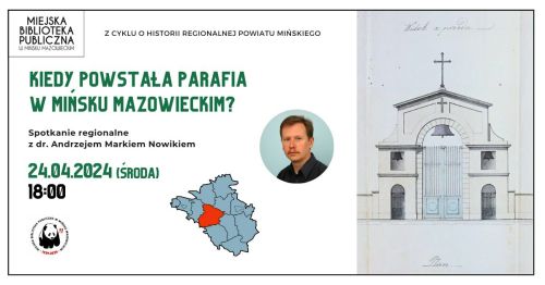 Po prawej zdjęcie wejścia do kościoła. Po lewej mapa z zaznaczonym obszarem powiatu, na środku w kole zdjęcie mężczyzny.